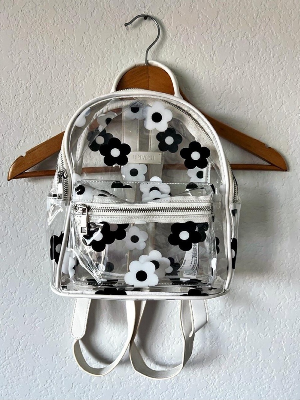 F21 Clear Mini Backpack with Black & White Flowers